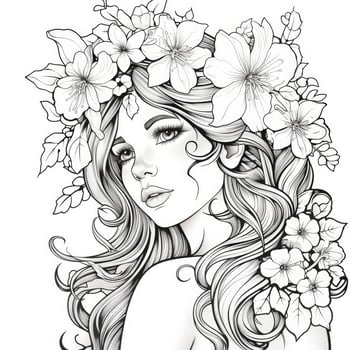 AI generated A girl on a coloring book page with Jasmine flowers. AI Generated photo