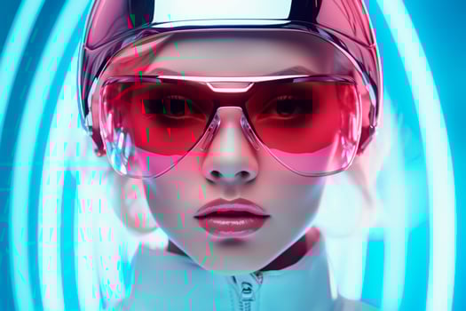 AI generated Portrait of attractive cyber woman with neon glowing. Bionic robot. Young blonde lady with futuristic pink sunglasses, digital illustration 3d photo