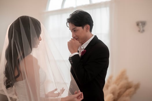 Couple of bride and groom enjoying romantic moments in wedding ceremony, Love, celebration and marriage. photo