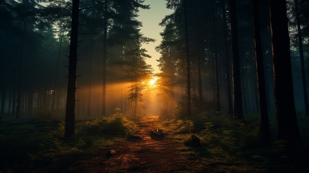 AI generated Mysterious Forest Sunrise Background photo