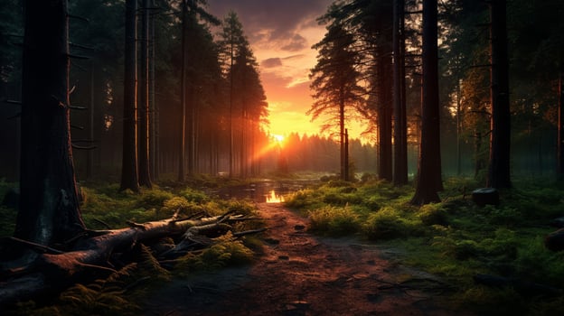 AI generated Mysterious Forest Sunset Background photo