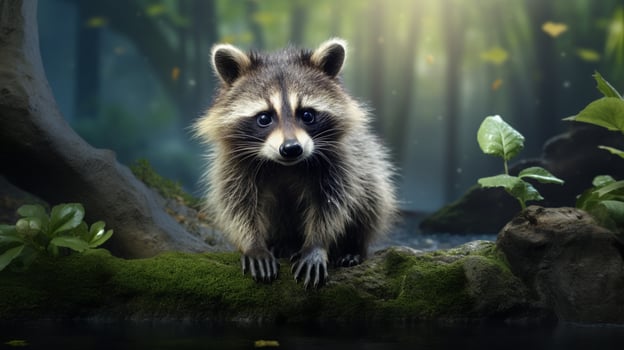AI generated a raccoon is sitting on a tree branch photo