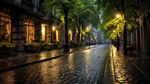 AI generated Rainy Sidewalk Walks Background photo
