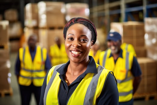 AI generated Portrait of smiling african american female warehouse worker standing in warehouse with colleagues in background photo