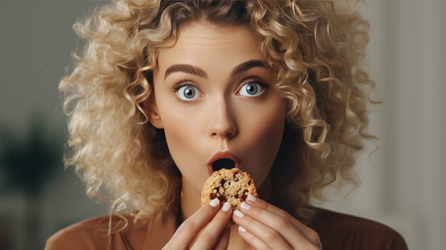 AI generated Blonde Curly Haired Woman Delighting in Chocolate Chip Cookie. Guilt-Free Pleasure. Woman Indulging in Chocolate-Loaded Cookie Treat. This kind of snack is bad for your health. photo