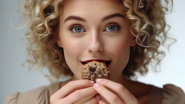 AI generated Curly Blonde Woman Enjoying Chocolate Cookie Snack. Tempting Treat. Woman with Curly Hair Savoring Chocolate Bites on Cookie. This kind of snack is bad for your health. photo