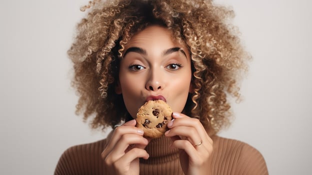 AI generated Tasty Vice. Woman Savoring Unhealthy Chocolate-Infused Cookie. Caloric Delight. Woman Nibbles on Unhealthy Chocolate Chip Cookie. This kind of snack is bad for your health. photo