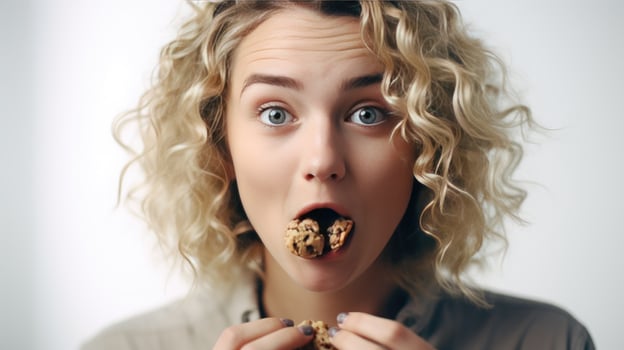 AI generated Savoring the Moment. Woman Relishing Chocolatey Cookie Snack. Enjoying Every Bite. Curly Haired Woman Delights in Chocolate Cookie. This kind of snack is bad for your health. photo