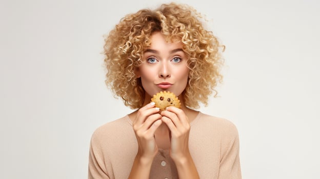 AI generated Blonde curly haired woman eats cookies with chocolate bites deicious snack keeps eyes closed has sweet tooth dressed casually isolated over white background. Unhealthy eating photo