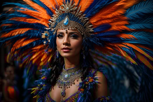 AI generated a woman in a costume with feathers on her head, pixels, strong blue and orange colors photo