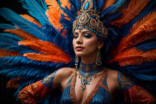 AI generated a woman in a costume with feathers on her head, pixels, strong blue and orange colors photo