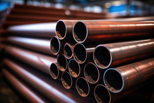 AI generated Steel pipes inside the factory or warehouse. Industrial production photo