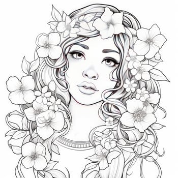 AI generated A girl on a coloring book page with Jasmine flowers. AI Generated photo