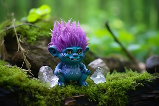 AI generated Tale troll with crystals in the forest, natural green background. Generative AI photo