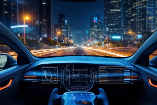 AI generated Modern smart car technology intelligent system using Heads up display HUD Autonomous self driving mode vehicle on city road with graphic sensor radar signal system intelligent car. photo