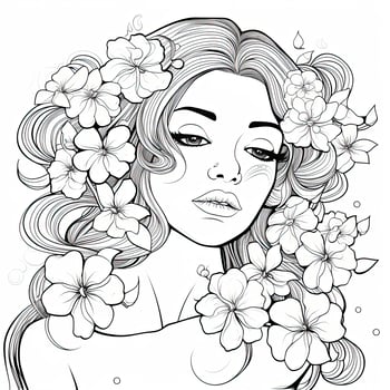 AI generated A girl on a coloring book page with Jasmine flowers. AI Generated photo