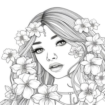 AI generated A girl on a coloring book page with Jasmine flowers. AI Generated photo