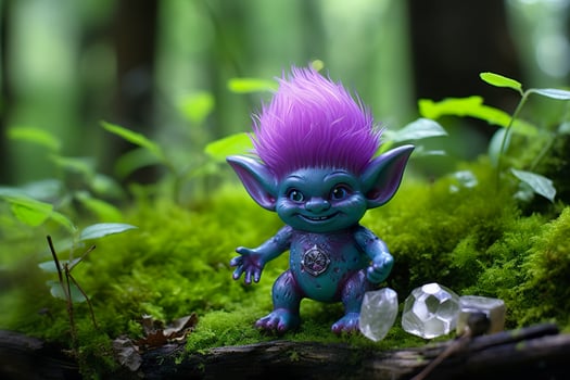 AI generated Tale troll with crystals in the forest, natural green background. Generative AI photo