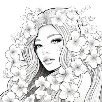 AI generated A girl on a coloring book page with Jasmine flowers. AI Generated photo