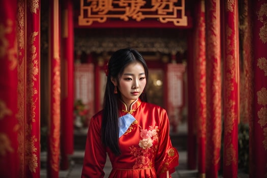 AI generated Asian young female model fashion red Chinese dress in the China shrine photo