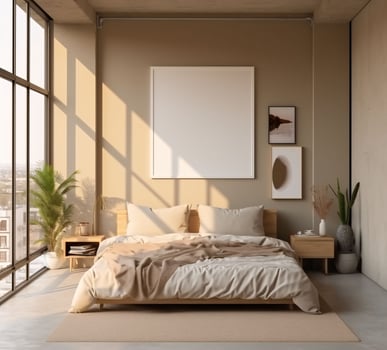 AI generated Minimalist Beige Bed Room Interior Design with Blank White Picture Frame Mockup. Generative AI photo