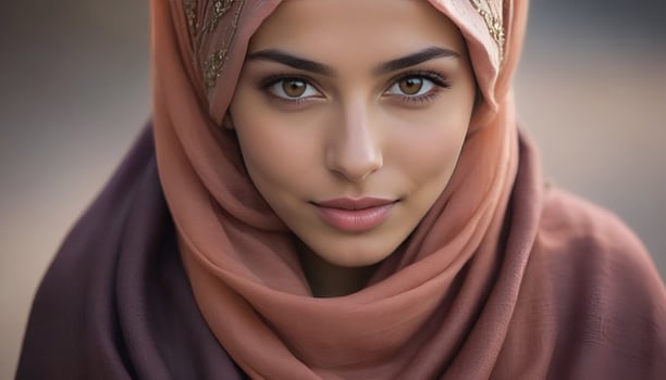 AI generated Beautiful Muslim woman smiling and laughing wearing a hijab and decorated shawl photo
