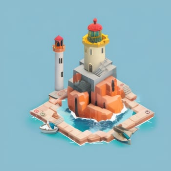 AI generated Isometric 3D Lighthouse Building in the Middle of Ocean Icon Clip Art Sticker Decoration Simple Background photo