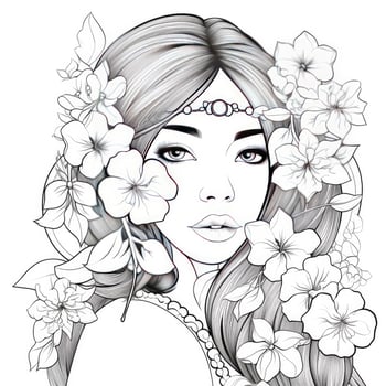 AI generated A girl on a coloring book page with Jasmine flowers. AI Generated photo