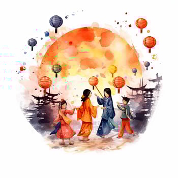 AI generated Lantern Festival in watercolor style. T-shirt Design. AI Generated photo