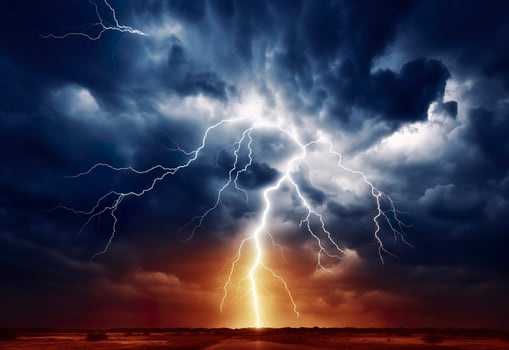 AI generated Lightning strikes on a cloudy dramatic stormy sky. AI Generated photo