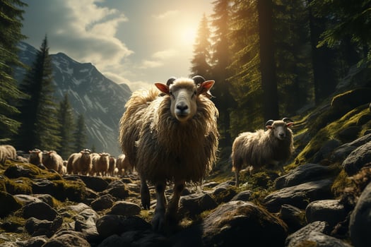 AI generated a flock of sheep wandering amidst a serene forest with a majestic mountain range in the background. The sunrise glow illuminates the lush greenery photo