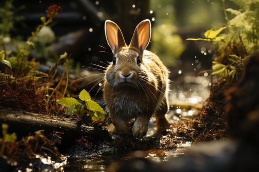 AI generated Adorable rabbit in a lush forest, surrounded by blooming flowers and moss-covered rocks, basks in the soft sunlight filtering through the trees. photo