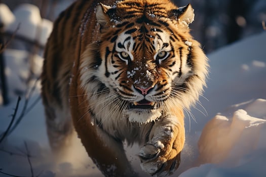 AI generated a majestic tiger with striking stripes walking through a wintry landscape, embodying the wild untamed beauty. The tiger intense gaze and powerful stance photo