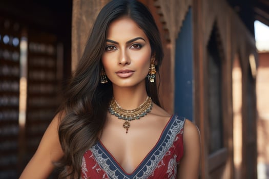 AI generated pretty woman with V neck dress photo