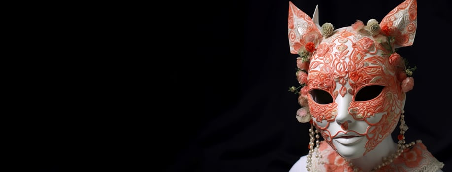 AI generated Embroidered rose coral figure kitsune masked female banner. Generate ai photo