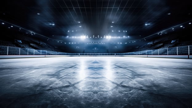 AI generated Empty Ice Hockey Rink with Glare and Arena Seating photo