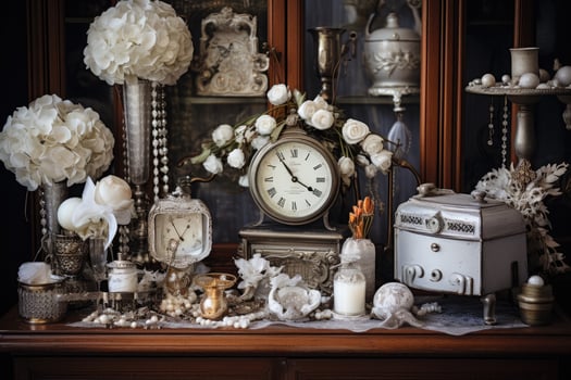 AI generated Vintage still life with antique clock, candlesticks and flowers, A couple's silver wedding anniversary with vintage-themed decorations, AI Generated photo