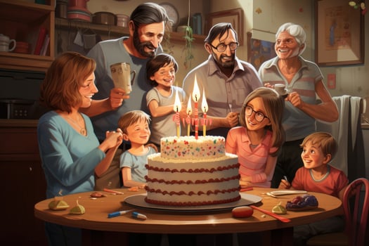 AI generated Happy family celebrating birthday with cake and candles in room decorated for Christmas, A family celebrating a birthday with a homemade cake, AI Generated photo