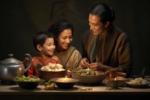 AI generated Unidentified indian family cooking food in kitchen at home, A family cooking their cultural heritage dishes, AI Generated photo