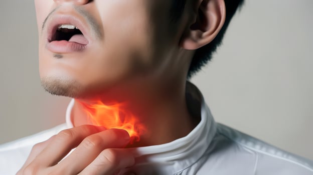 AI generated Flame at neck of a man. Concept of sore throat, pharyngitis, laryngitis, thyroiditis, choking photo