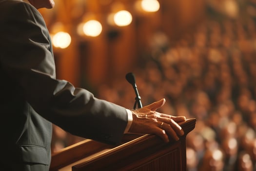 AI generated Side right view of a man in a suit with a hand on a podium with a microphone giving a speech to a crowd photo
