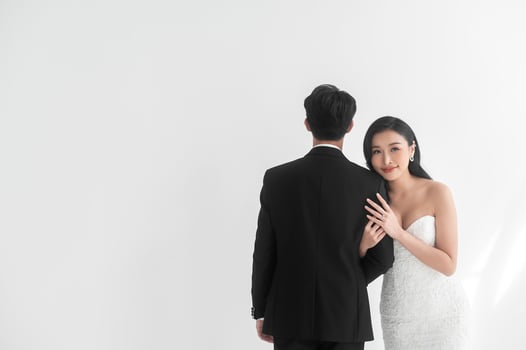 Couple of bride and groom enjoying romantic moments in wedding ceremony, Love, celebration and marriage. photo