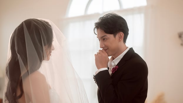 Couple of bride and groom enjoying romantic moments in wedding ceremony, Love, celebration and marriage. photo