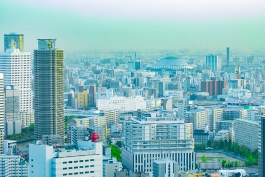 A dusk cityscape by high angle view near Kyocera dome in Osaka photo