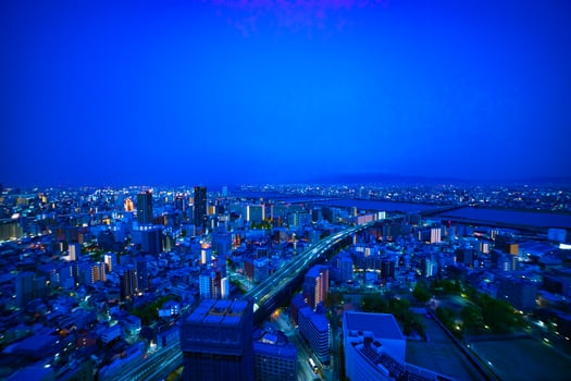 A dawn panoramic cityscape near Yodo river in Osaka wide shot photo
