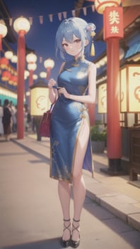 AI generated Cute Anime Girl Character Wearing Chinese Cheongsam Zansae Qipao Mandarin Gown for Visual Novel Festival Background photo