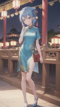 AI generated Cute Anime Girl Character Wearing Chinese Cheongsam Zansae Qipao Mandarin Gown for Visual Novel Festival Background photo