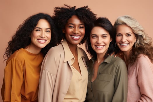 AI generated Group of multiracial females having fun against a brown background. AI Generated photo