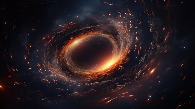 AI generated Spiral black hole in cosmos in background of shining stars, in red fiery colors. Big Bang. Spiral galaxy. Ideal for backgrounds or space-themed content photo