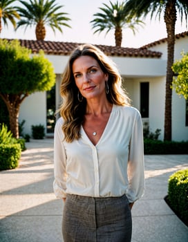 AI generated photo of beautiful woman standing at her penthouse resident, generative AI